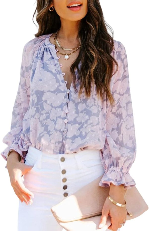 Womens Casual Boho Floral Print V Neck Long Sleeve Blouses Button Down Shirts Dressy Chiffon Loose Ruffle Tops