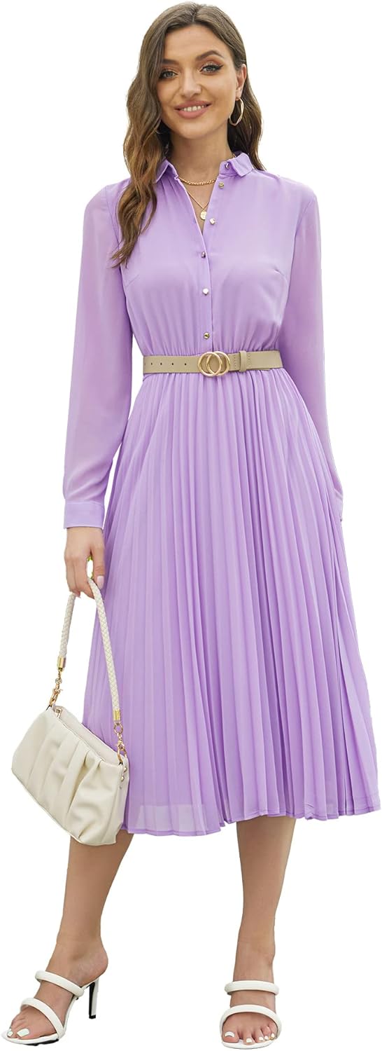 Business Casual Shirt Dress for Women Long Sleeves Pleated Midi Dresses with Belt