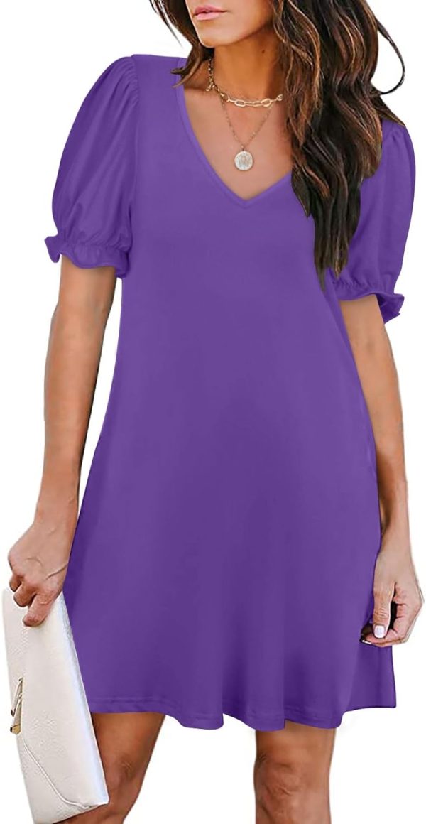 61KMiNUCLBL._AC_SL1500 Women's Casual Dresses Puff Short Sleeve V-Neck Cocktail Dress with Pockets