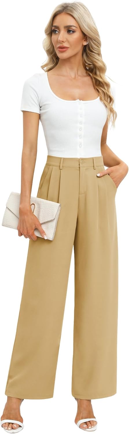Women's Business Work Trousers High Waisted Wide Leg Pants Long Straight Suit Pants with Pocket