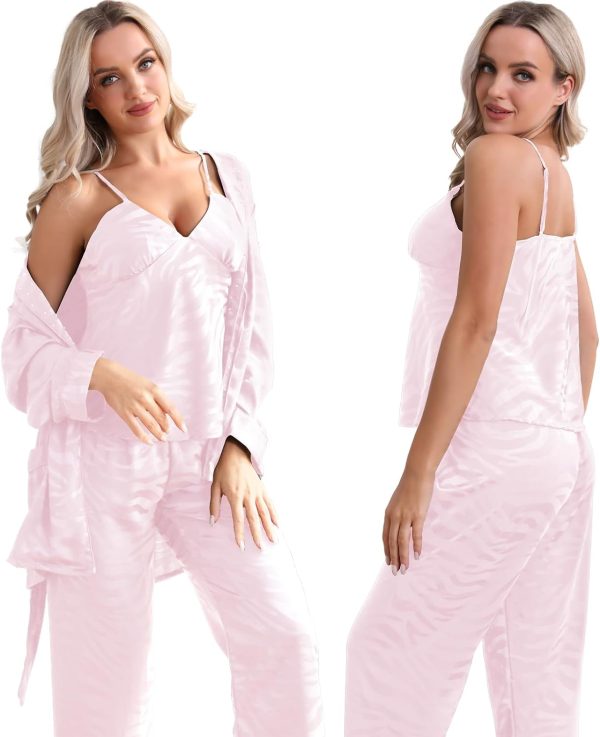 Womens Silk Satin Pajama Sets,Zebra Strips Comfy Robe and Pants Women Pajamas,Silky Camisole Woman Pjs Set 3 Pieces