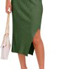 Midi Pencil Basic Skirt Casual Solid Split Side Stretchy Ribbed Knit Bodycon Mid Length Skirts for Women