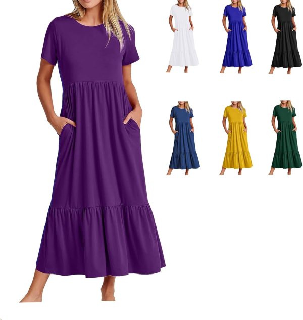 61NuycgedUL._AC_SL1500 Womens Summer Dresses Casual Short Sleeve Crewneck Swing Dress Casual Tiered t Shirt Dress with Pockets 2024 Trendy Outfits