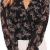 Womens Casual Boho Floral Print V Neck Long Sleeve Blouses Button Down Shirts Dressy Chiffon Loose Ruffle Tops