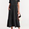 Women's Summer Casual Short Sleeve Crewneck Swing Dress Flowy Tiered Maxi Beach Dress with Pockets