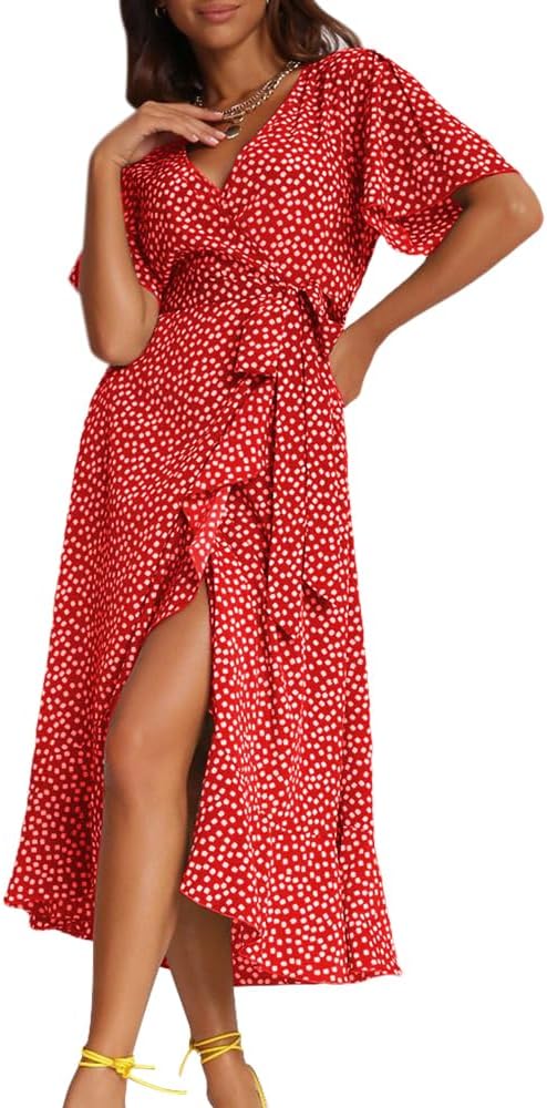 Women's Short Sleeve Satin Dress Button Down with Belt Maxi Shirt Dresses