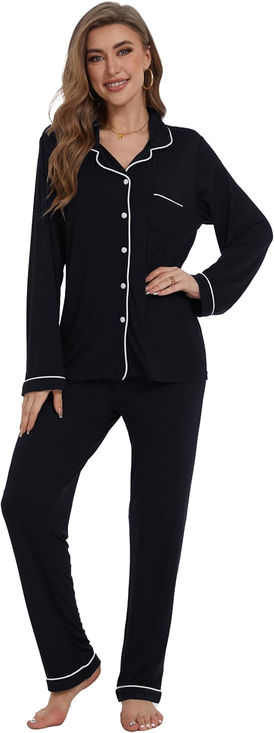 61Vn7pAX-HL._AC_SL1500 Button Up Pajamas for Women Long Sleeve Sleepwear Soft Loungewear Ladies Pjs Set XS-XXL
