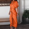 Women's Short Sleeve Satin Dress Button Down with Belt Maxi Shirt Dresses