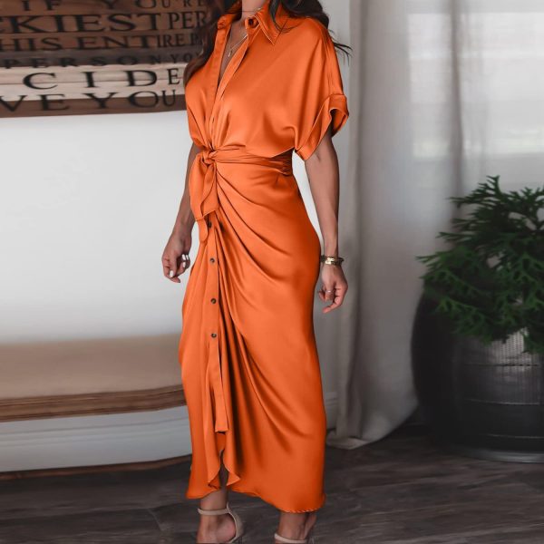 Women's Short Sleeve Satin Dress Button Down with Belt Maxi Shirt Dresses