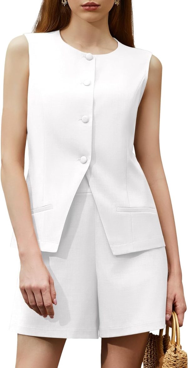 Women's Summer 2 Piece Outfits Sleeveless Round Neck Button Down High Waisted Pants 2024 Business Work Sets