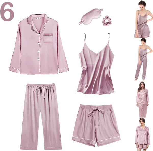 61Zrh5W_WPL._AC_SL1500 6Pcs Womens Silk Satin Pajama Sets Pj Sets Long Pjs Set Pajamas Sleepwear Camisole Sexy Cami