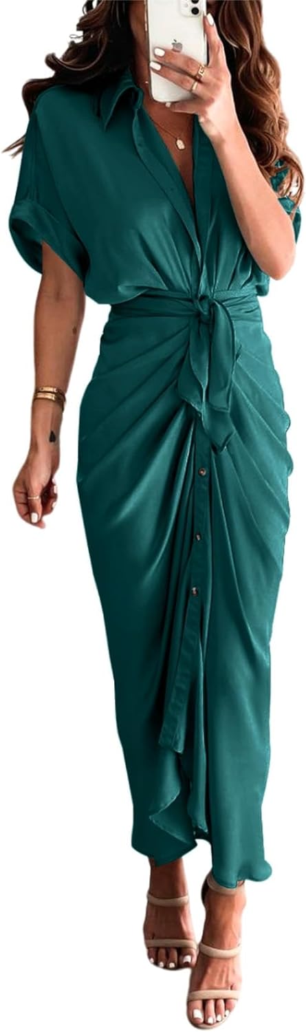 Women's Short Sleeve Satin Dress Button Down with Belt Maxi Shirt Dresses
