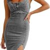 Women's Sleeveless Bodycon Denim Tank Dress Scoop Neck Zip Up Side Slit Stretchy Wrap Club Party Jean Midi Dresses