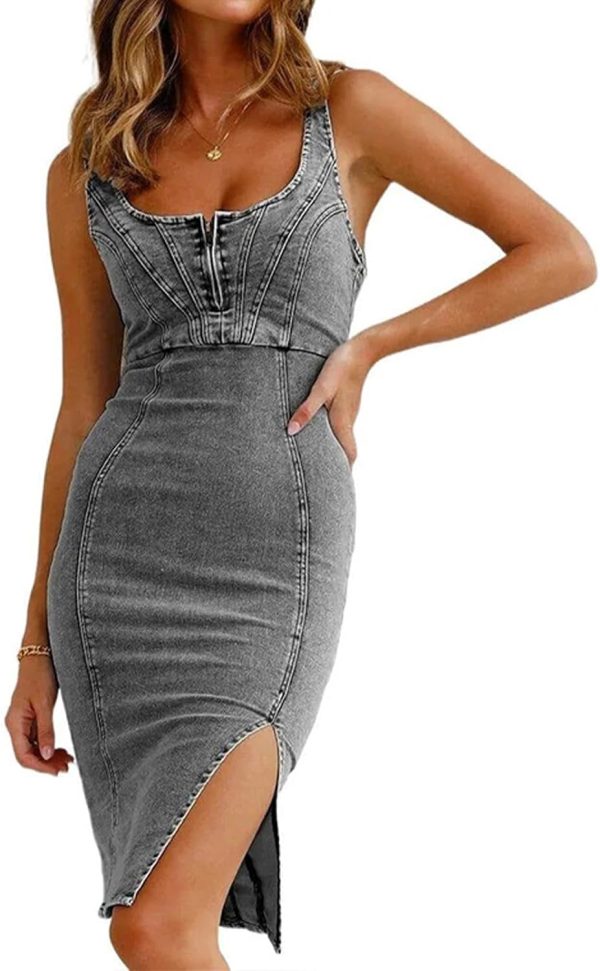 Women's Sleeveless Bodycon Denim Tank Dress Scoop Neck Zip Up Side Slit Stretchy Wrap Club Party Jean Midi Dresses