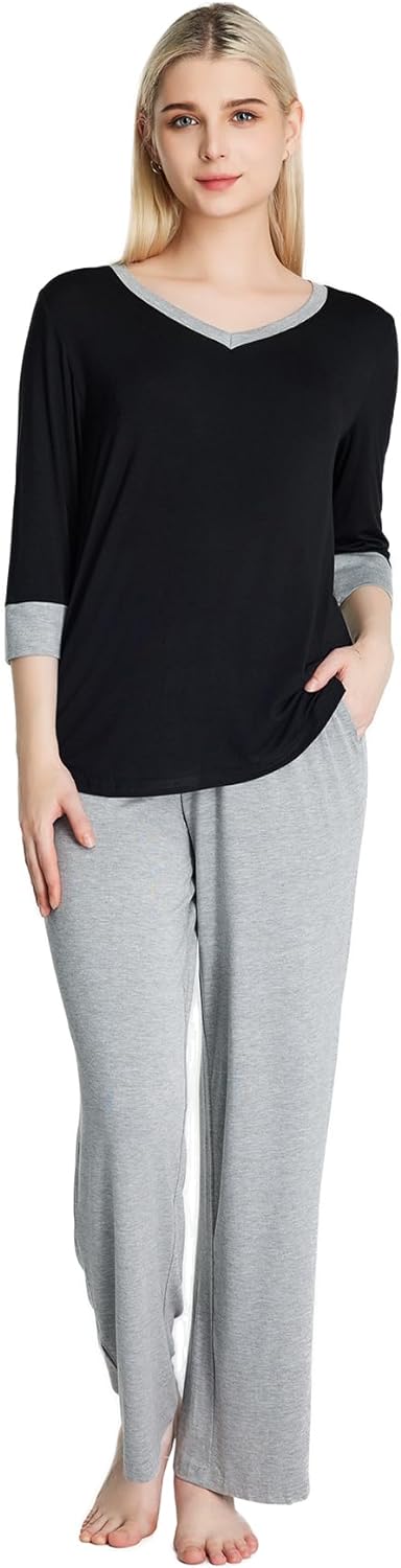 61dE0qvwvwL._AC_SL1500 Loungewear Set pajamas Womens sleepwear Bamboo Viscose Capri Sleeve t shirt Long Pants Super Soft Novelty Pjs Set