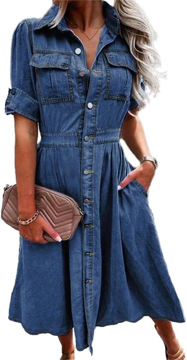 61dSbld8ohL._AC_SL1500 Women Denim Shirt Dress V Neck Short Sleeve Long Bottom Down A-Line Jeans Dresses with Pockets