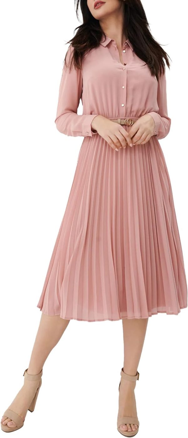 Business Casual Shirt Dress for Women Long Sleeves Pleated Midi Dresses with Belt