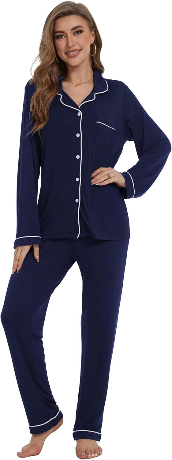61e8wkpTOML._AC_SL1500 Button Up Pajamas for Women Long Sleeve Sleepwear Soft Loungewear Ladies Pjs Set XS-XXL