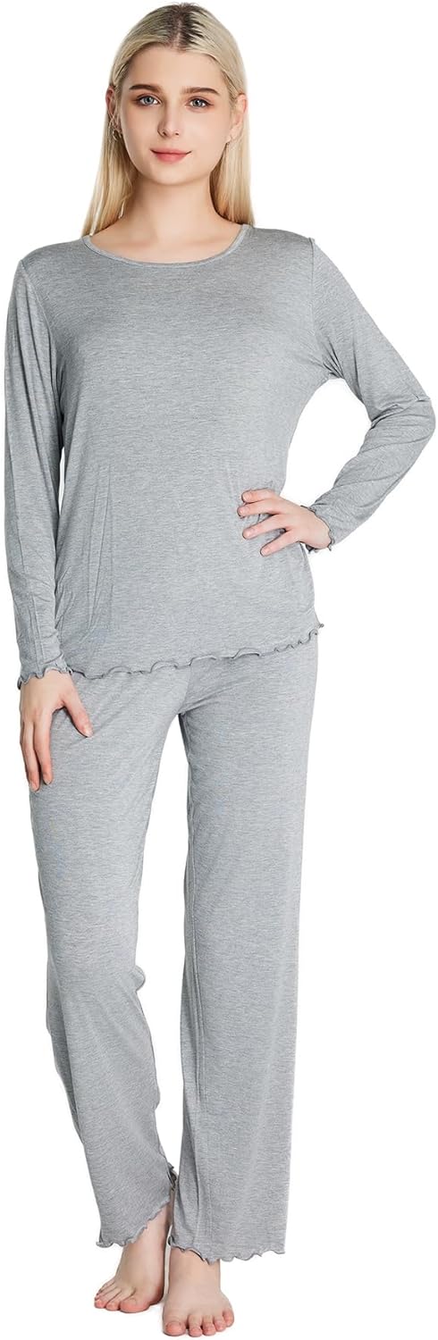 61eor68em0L._AC_SL1500 Loungewear Set pajamas Womens sleepwear Bamboo Viscose Long Sleeve t shirt Long Pants Super Soft Novelty Pjs Set