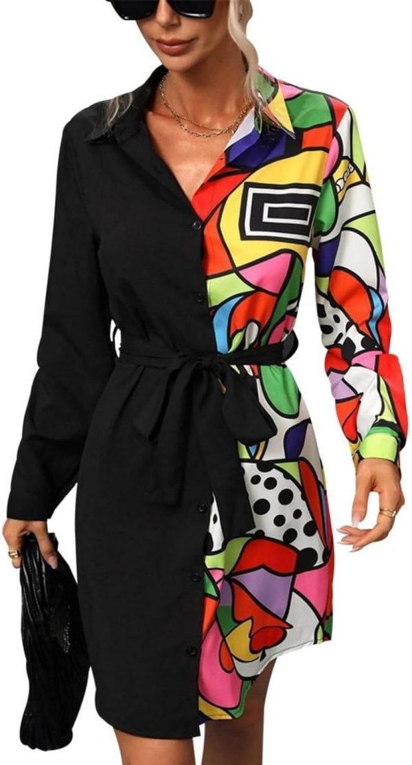 Womens Button Down Shirt Dresses with Belt Button Up Tunics Long Sleeve Blouse Tops