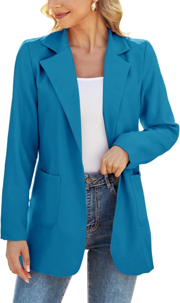 Women Open Front Blazers Long Sleeve Casual OL Office Slim Buttonless Suit Jacket with Pockets