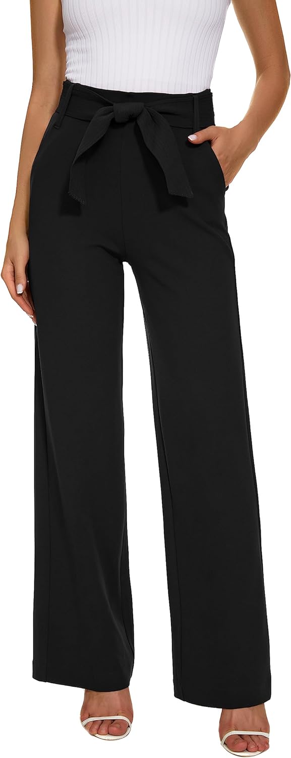 61fxtHajF3L._AC_SL1500 Wide Leg Stretchy Pants for Women Business Casual Pants Dress Pants with Pockets Self Tie Belted