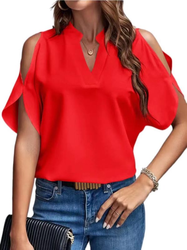 61gjRXV1kCL._AC_SL1067 Women's Cold Shoulder Tops Summer Fashion Short Sleeve V Neck Casual Loose Solid Color Blouse Shirts