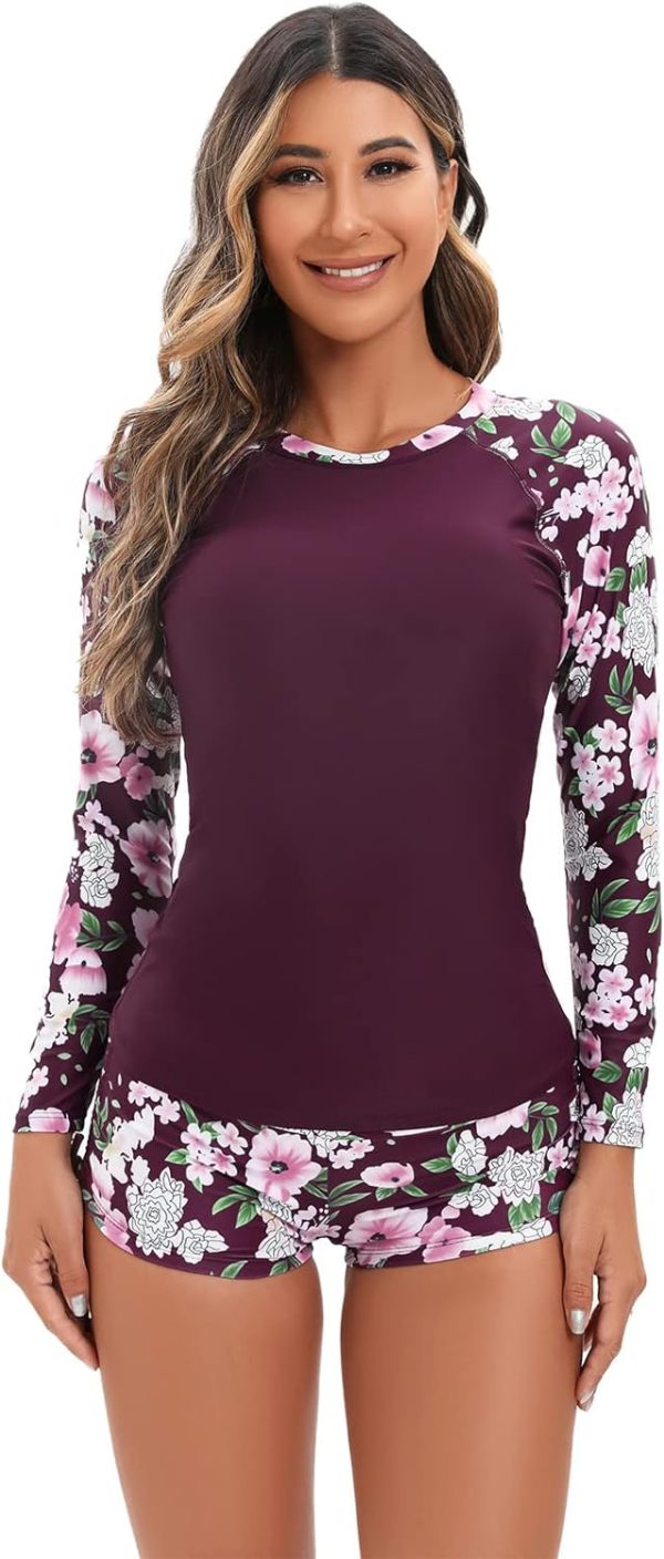 61io7gB03FL._AC_SL1500 Women 2 Piece Rash Guard Long Sleeve Swimsuits Swim Shirt with Shorts Set Sun Protection UPF 50+ Surf Bathing Suits