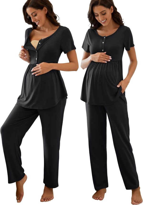 Women's Maternity Nursing Pajama Set Breastfeeding Loungewear Mama Clothes Short Sleeve Top & Pants Pregnancy PJS