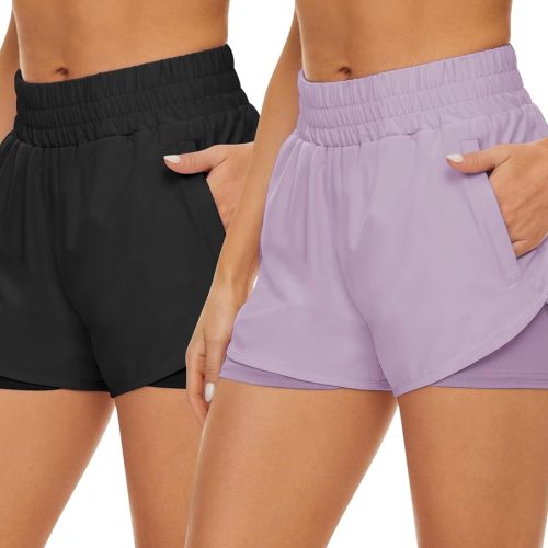 2 Pack Athletic Shorts for Women, Quick Dry Running Shorts with Pockets High Waisted Workout Gym Sports Shorts