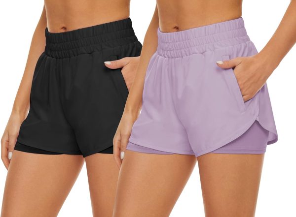 2 Pack Athletic Shorts for Women, Quick Dry Running Shorts with Pockets High Waisted Workout Gym Sports Shorts
