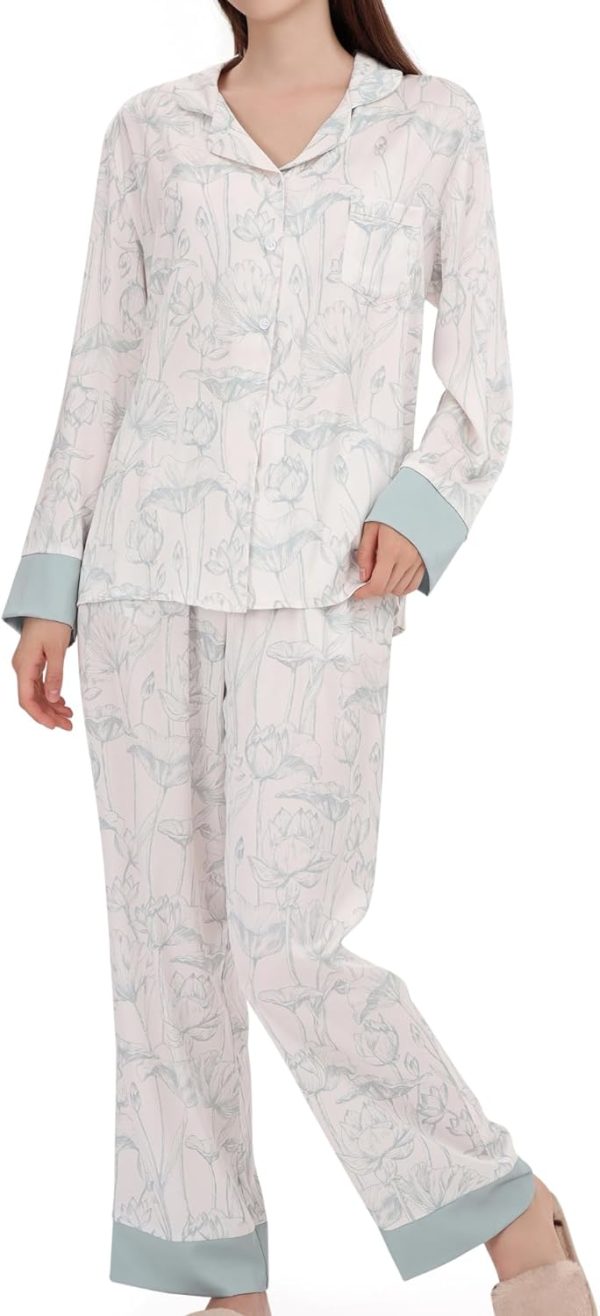 61mABFedqEL._AC_SL1500 Women's Silky Satin Pajamas Set Long sleeve and Pants Sleepwear Soft and Comfy Button Down Loungewear Relaxed Fit