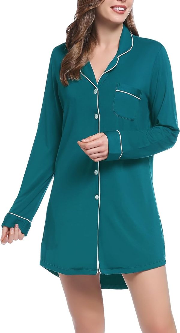 Womens Bamboo Viscose Sleep Shirt Long Sleeve Button Down Nightgowns Boyfriend Nightshirt S-XXL