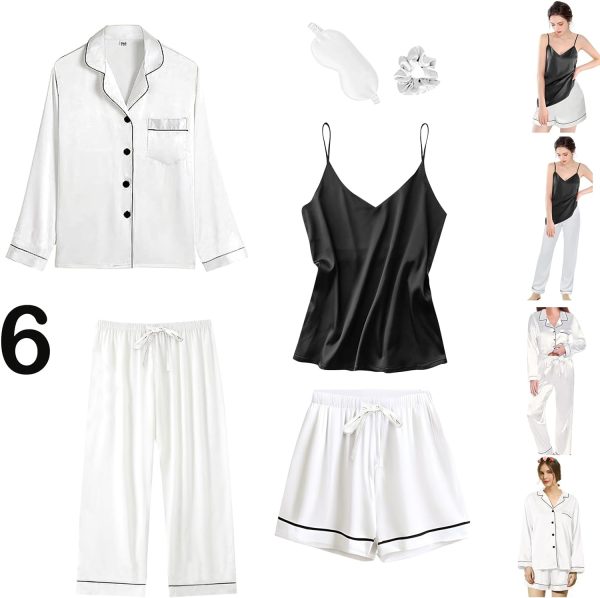 61nNYU6pC0L._AC_SL1500 6Pcs Womens Silk Satin Pajama Sets Pj Sets Long Pjs Set Pajamas Sleepwear Camisole Sexy Cami