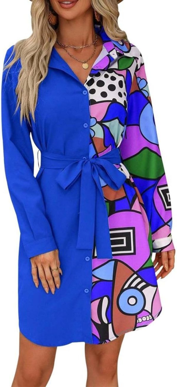 Womens Button Down Shirt Dresses with Belt Button Up Tunics Long Sleeve Blouse Tops