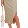 Midi Pencil Basic Skirt Casual Solid Split Side Stretchy Ribbed Knit Bodycon Mid Length Skirts for Women