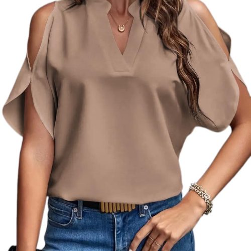61qDIV6mkVL._AC_SL1067 Women's Cold Shoulder Tops Summer Fashion Short Sleeve V Neck Casual Loose Solid Color Blouse Shirts