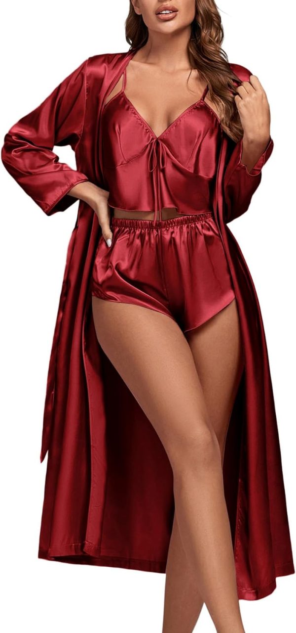 Women's 3Pcs Pajamas Satin Cami Top and Shorts with Robe Sleepwear Set