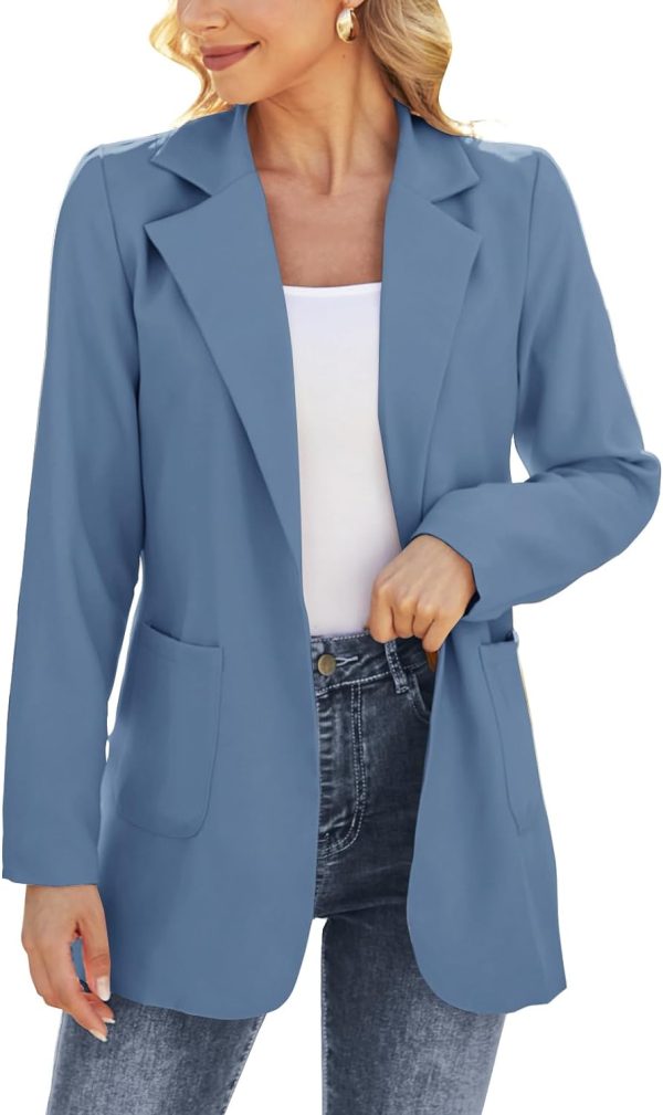 Women Open Front Blazers Long Sleeve Casual OL Office Slim Buttonless Suit Jacket with Pockets