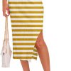 Midi Pencil Basic Skirt Casual Solid Split Side Stretchy Ribbed Knit Bodycon Mid Length Skirts for Women