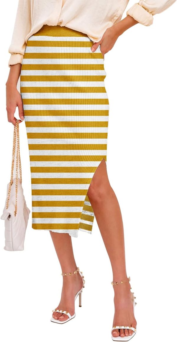 Midi Pencil Basic Skirt Casual Solid Split Side Stretchy Ribbed Knit Bodycon Mid Length Skirts for Women
