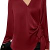 Women's Satin Silk Blouses Wrap V Neck Shirts Long Sleeve Elegant Tie Waist Office Formal Work Tunic Pullover Tops