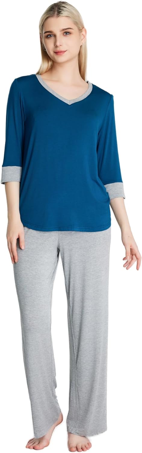 61u7AUdeSyL._AC_SL1500 Loungewear Set pajamas Womens sleepwear Bamboo Viscose Capri Sleeve t shirt Long Pants Super Soft Novelty Pjs Set