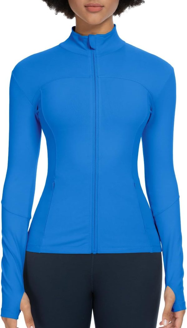 61uXnoSoWPL._AC_SL1500 Workout Jackets for Women Full Zip Athletic Running Track Jacket with Pockets Slim Fit Yoga Jacket with Thumb Holes