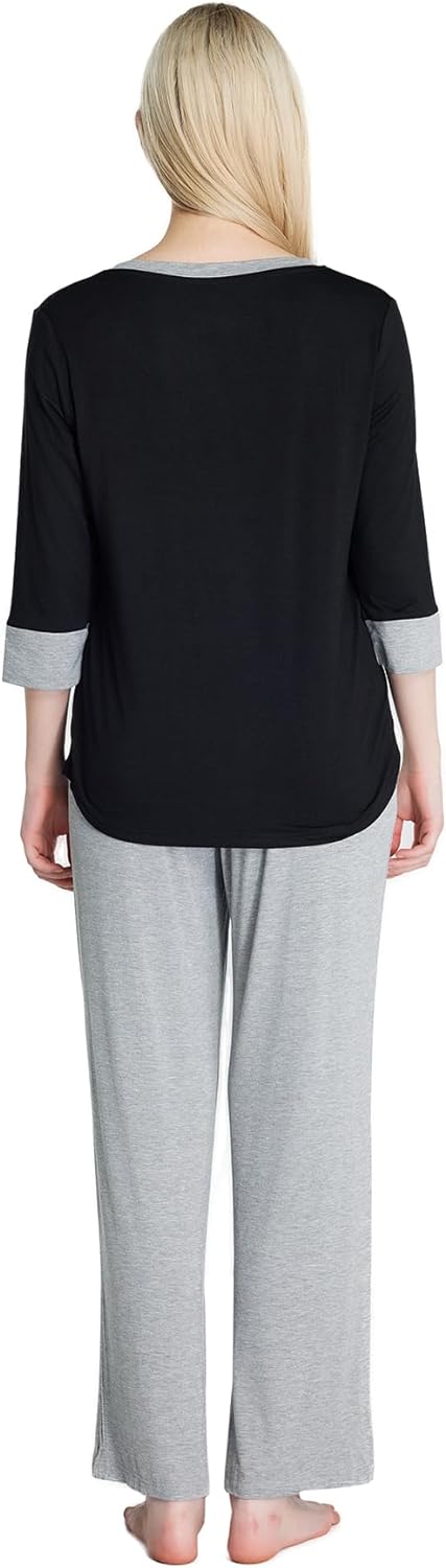 61uizFVabEL._AC_SL1500 Loungewear Set pajamas Womens sleepwear Bamboo Viscose Capri Sleeve t shirt Long Pants Super Soft Novelty Pjs Set