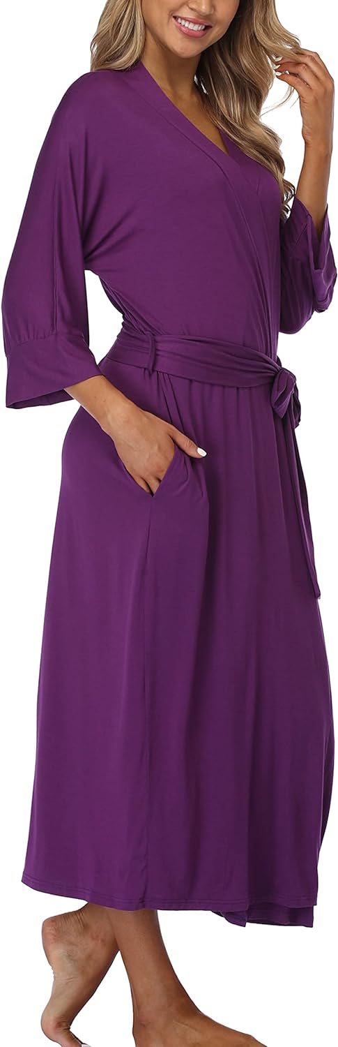 61uxOhc3u1L._AC_SL1500 Womens Soft Long Kimono Robes Lightweight Full Length Knit Bathrobe With Pockets Ladies Casual Dressing Gown