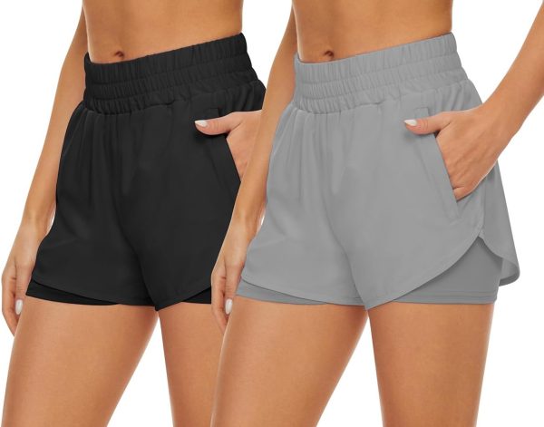 2 Pack Athletic Shorts for Women, Quick Dry Running Shorts with Pockets High Waisted Workout Gym Sports Shorts