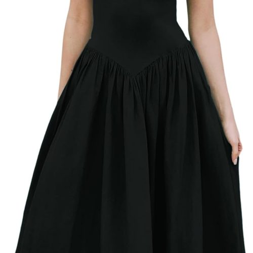 61vYS3fMgVL._AC_SL1500 Women Off Shoulder Midi Dress Strapless Sleeveless Drop-Waist A Line Tube Dress Trendy Summer Swing Patchwork Dress