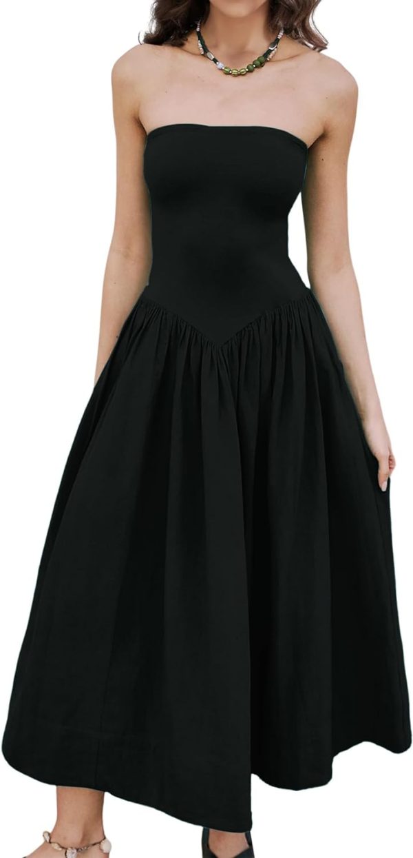 Women Off Shoulder Midi Dress Strapless Sleeveless Drop-Waist A Line Tube Dress Trendy Summer Swing Patchwork Dress