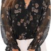 Womens Casual Boho Floral Print V Neck Long Sleeve Blouses Button Down Shirts Dressy Chiffon Loose Ruffle Tops